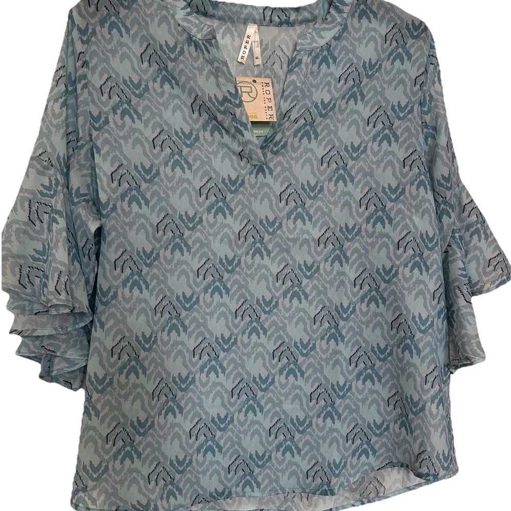 Roper Western Boho Blue Ikat Chevron Ruffle Sleeve Blouse-XL-Coastal Cowgirl